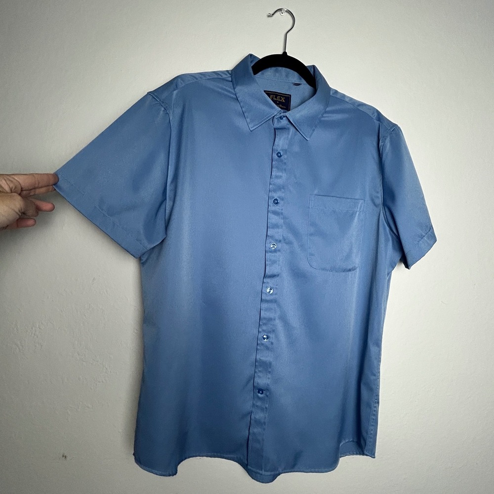 Retro streetwear Flex Mens L minimalistic shiny Blue Short Sleeve Button Down